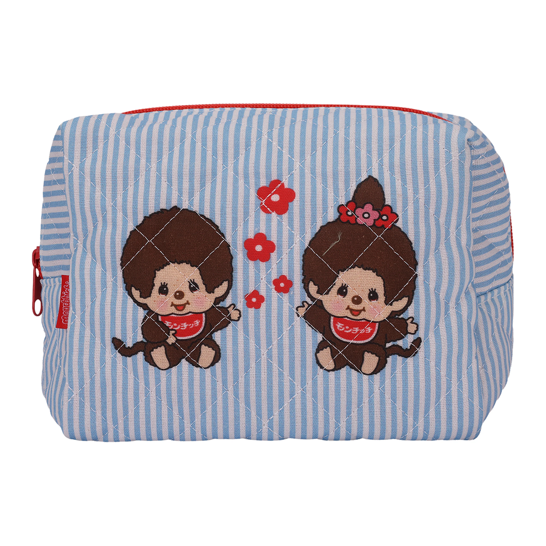 Monchhichi Blue Makeup Pouch Sekiguchi Accessory Pouch with two character designs on blue stripes