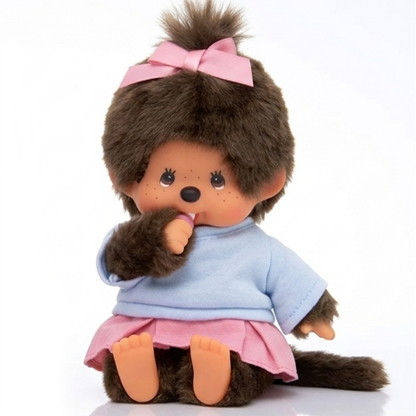 8" Large Monchhichi Doll - Girl Pretty in Pink - Authentic Monkey Plush, NWT by Sekiguchi wearing blue sweater and pink skirt