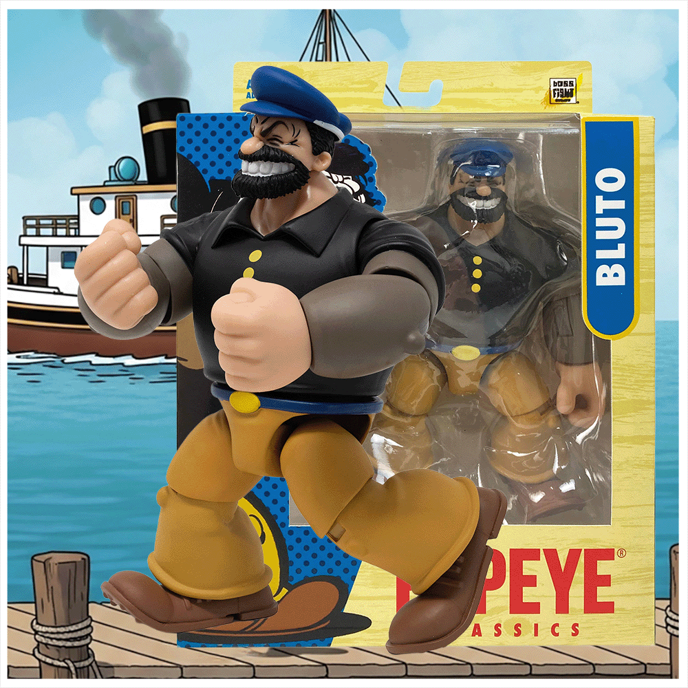Boss Fight Studio Llc Bluto figure in blue cap, black shirt, brown pants with clenched fists beside boxed version on dock background