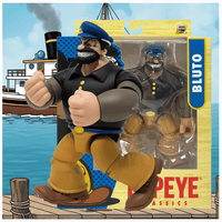 Boss Fight Studio Llc Bluto figure in blue cap, black shirt, brown pants with clenched fists beside boxed version on dock background