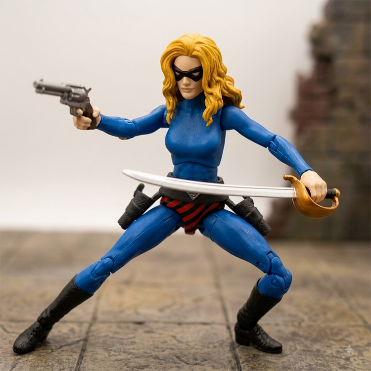 Action figure with blonde hair in blue suit holding sword and revolver in dynamic fighting pose on tiled surface