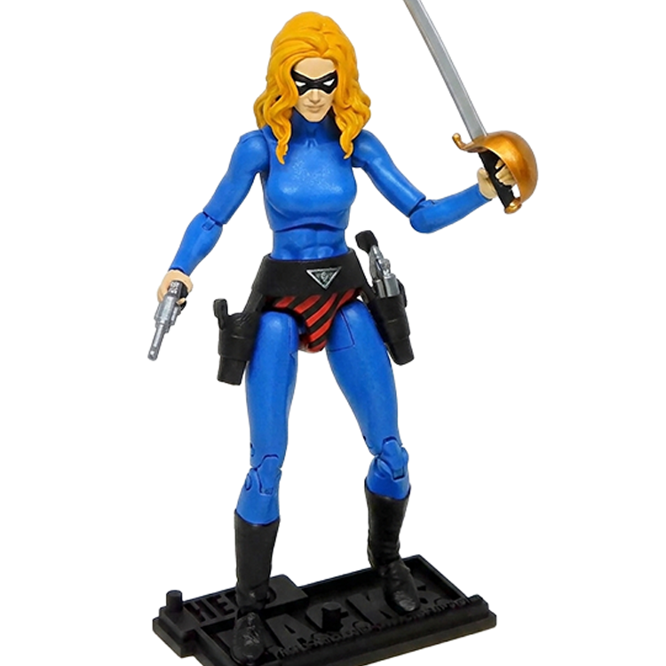 Articulated action figure wearing blue suit and black mask wielding sword and pistol on display stand