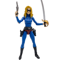 Action figure of a female character in blue suit with blonde hair, holding a pistol and a curved sword with gold hilt.