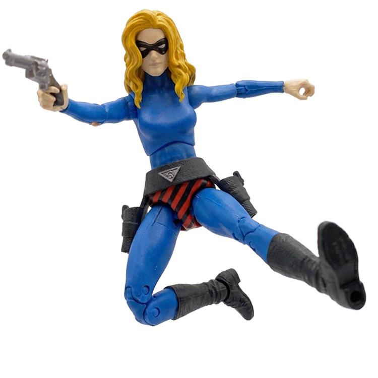 Articulated female action figure in blue suit and black boots posed with handgun and kicking leg raised