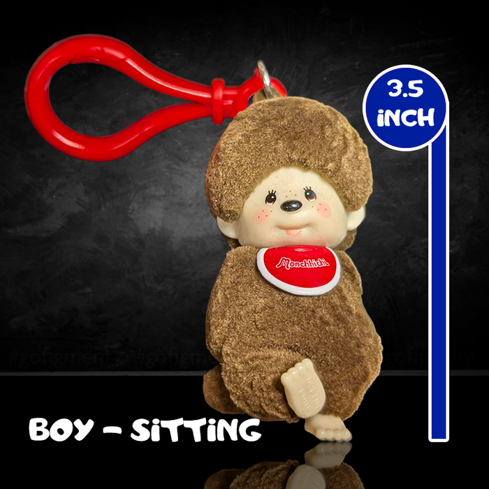Sekiguchi Monchhichi 3.5-inch sitting boy figure bag clip with plush texture and red attachment clasp