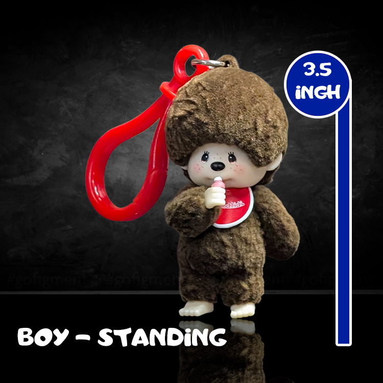 Sekiguchi Monchhichi 3.5-inch standing boy flocked vinyl bag clip with red clasp keychain accessory