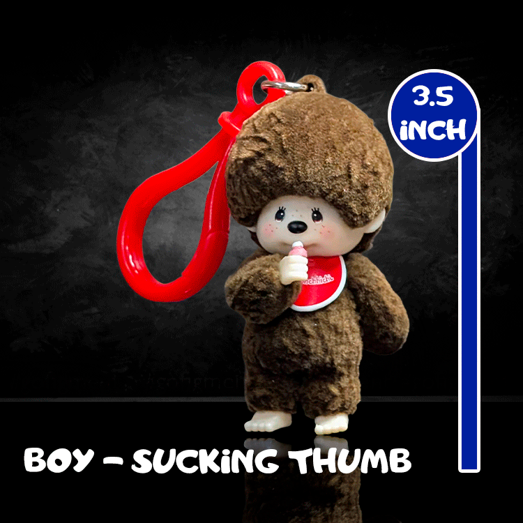 Sekiguchi Monchhichi 3.5-inch boy figure with plush texture sucking thumb and red clip bag charm