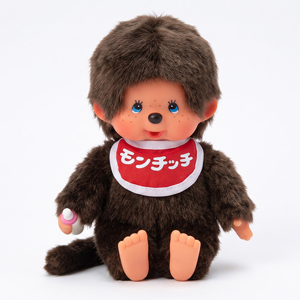 8" Monchhichi Classic Brown Boy in Red Bib with Japanese Character Logo and Blue Eyes Sekiguchi