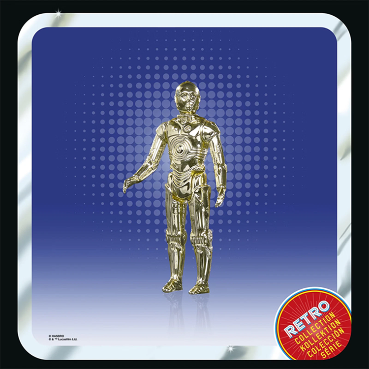 C-3PO action figure in 1:18 scale with Kenner-inspired retro design and vac-metal gold finish on blue background.