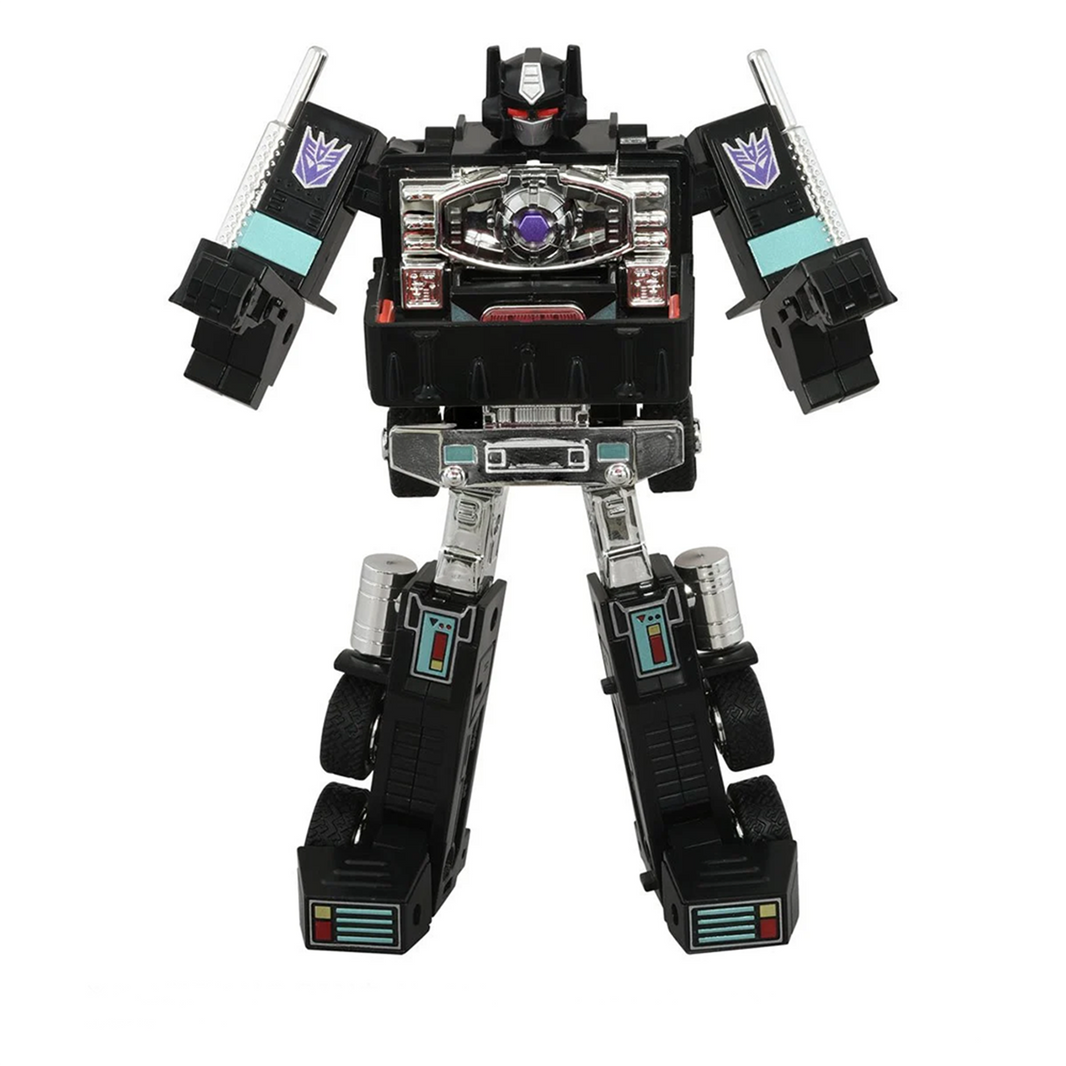 Transformers Missing Link C-01N Nemesis Prime Figure with Trailer & Accessories by Hasbro in black and silver robot form.