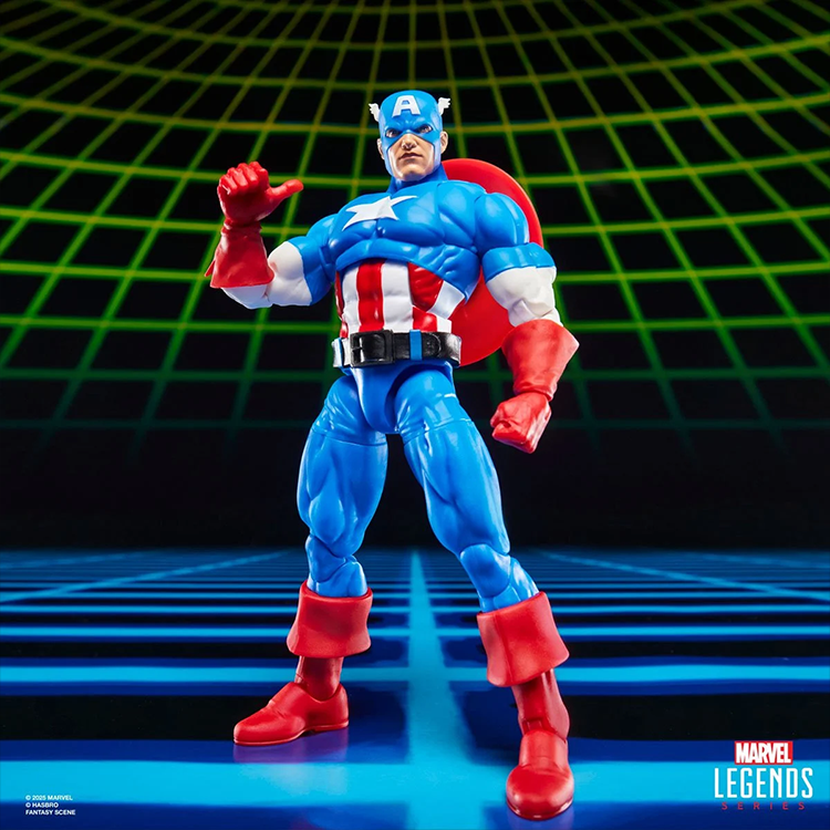 Hasbro Marvel Legends Gamerverse Captain America action figure in blue and red costume with shield on futuristic grid background