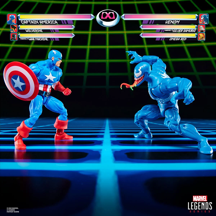 Hasbro Marvel Legends Gamerverse Captain America and Venom action figures in a video game battle pose.