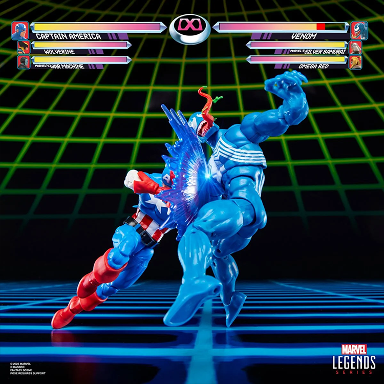 Hasbro Marvel Legends Captain America and Venom 6-inch action figures posed in a dynamic Gamerverse battle scene