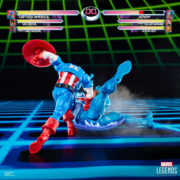 Hasbro Marvel Legends Gamerverse Captain America and Venom 6-inch figures in dynamic battle pose on retro grid background