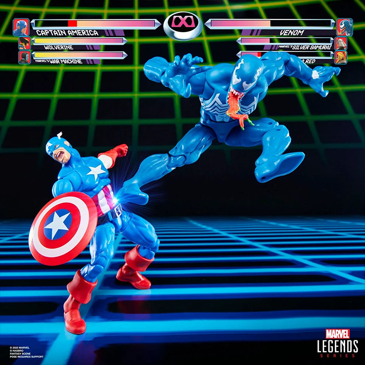 Hasbro Marvel Legends Gamerverse Captain America and Venom 6-inch action figures posed in a dynamic battle scene.