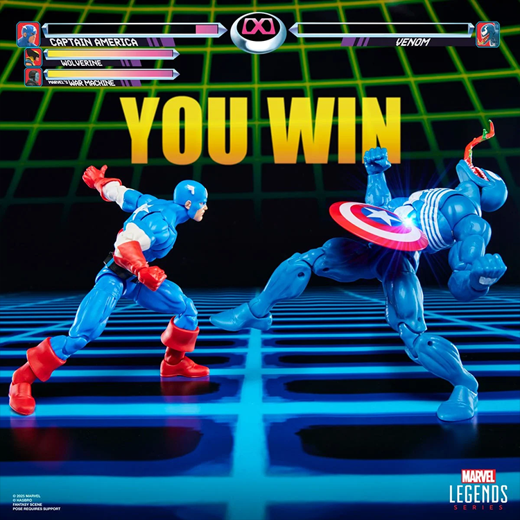 Hasbro Marvel Legends Gamerverse action figures of Captain America defeating Venom in retro video game style