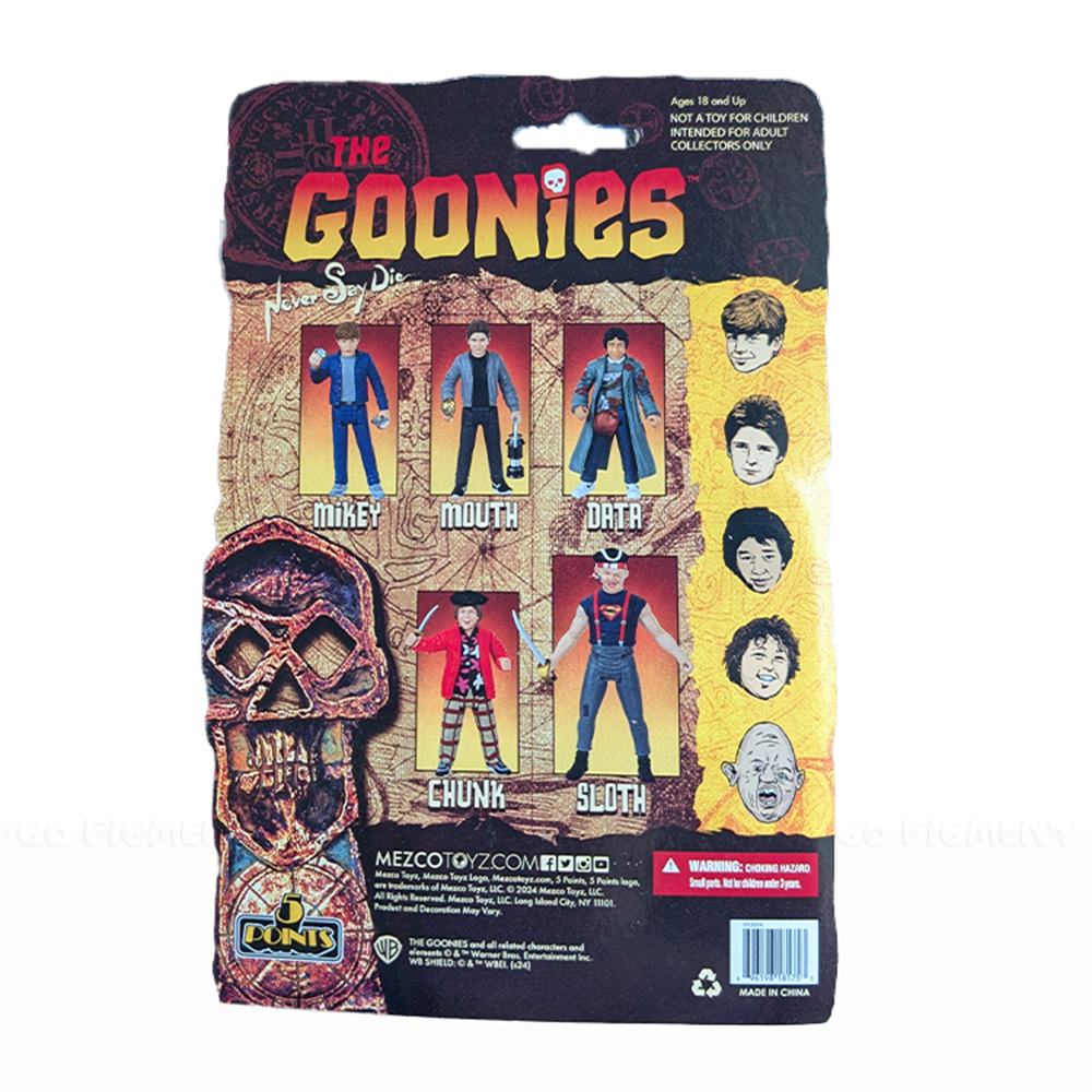 Packaging back for Mikey from The Goonies 1:18 Scale 3.75" 5 Points Retro Action Figure by Mezco