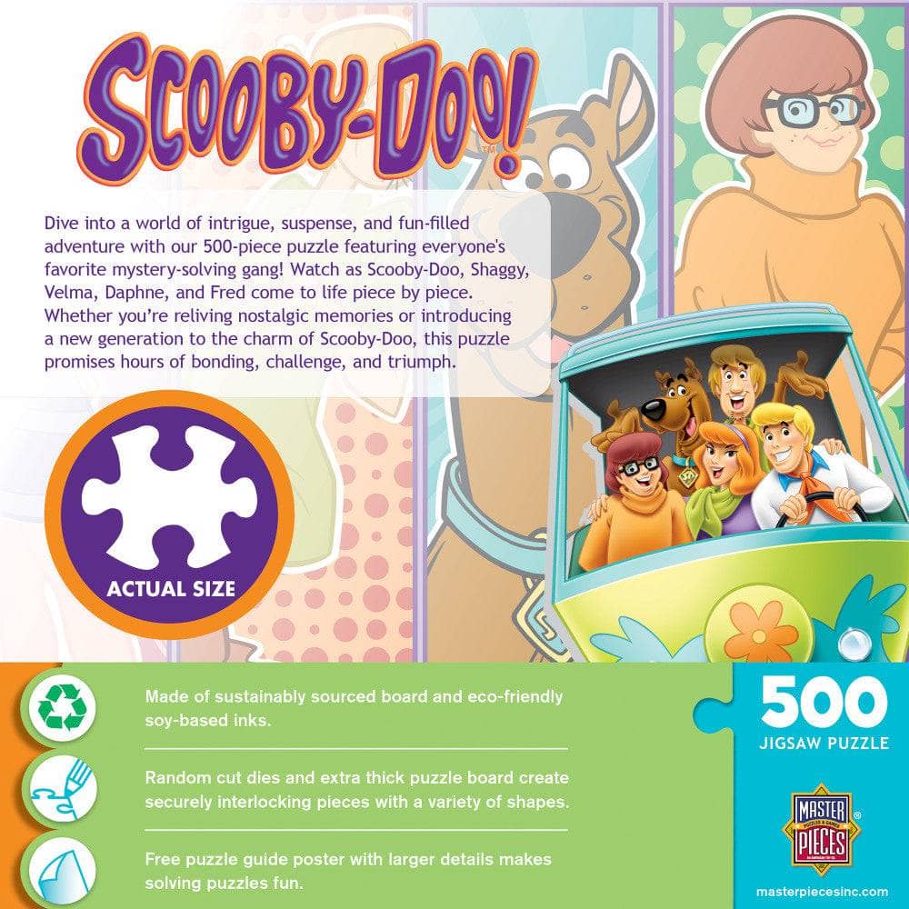 Master Pieces Scooby-Doo 500 piece jigsaw puzzle featuring Mystery Inc. gang and eco-friendly materials packaging view