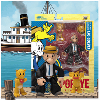 Boss Fight Studio Llc Castor Oyl Popeye Classics figure with Bernice the Whiffle Hen and Eugene the Jeep on illustrated dock background