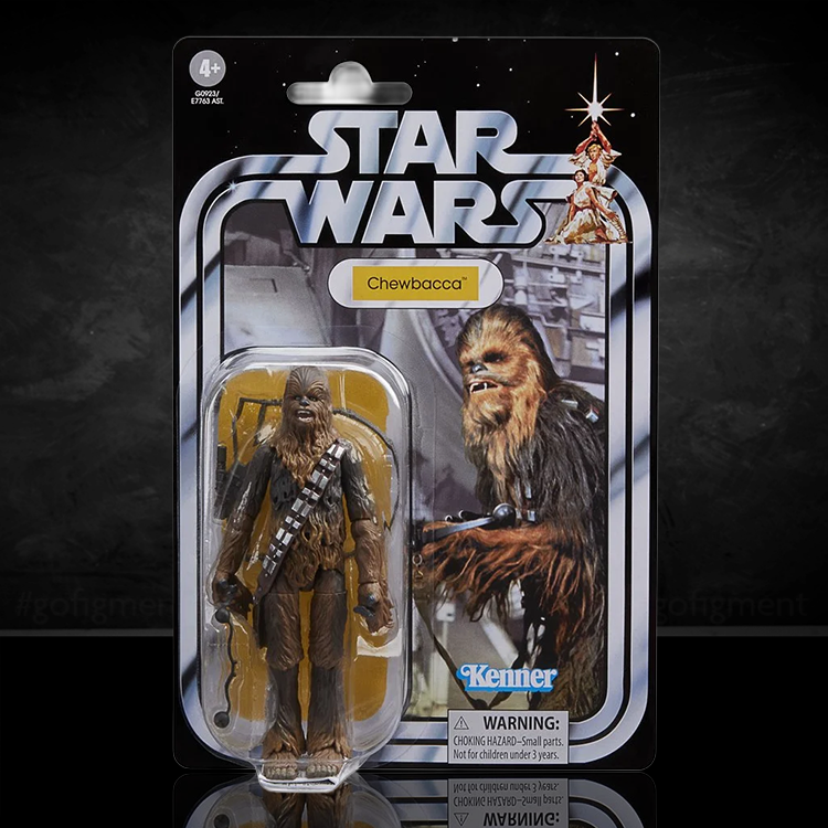 Star Wars Kenner Chewbacca action figure in vintage style packaging with bowcaster accessory and detailed sculpt