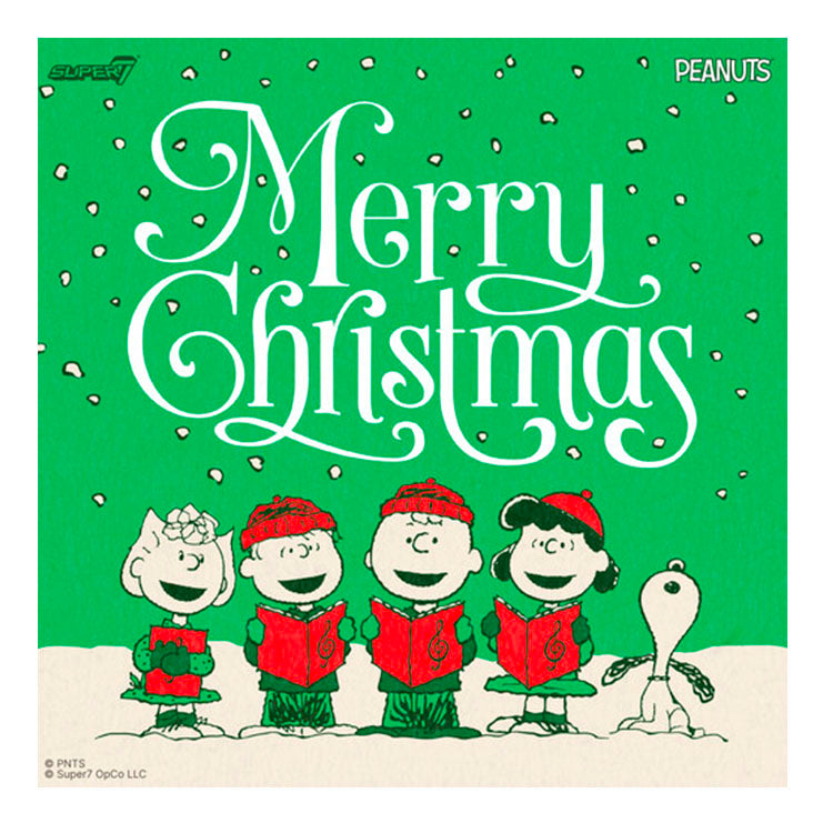 Super7 Peanuts Christmas card featuring Charlie Brown, Snoopy, and friends caroling in the snow on green background