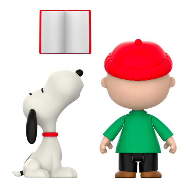Super7 Peanuts ReAction Figures 3.75" Charlie Brown in red hat and Snoopy caroling with book accessory.