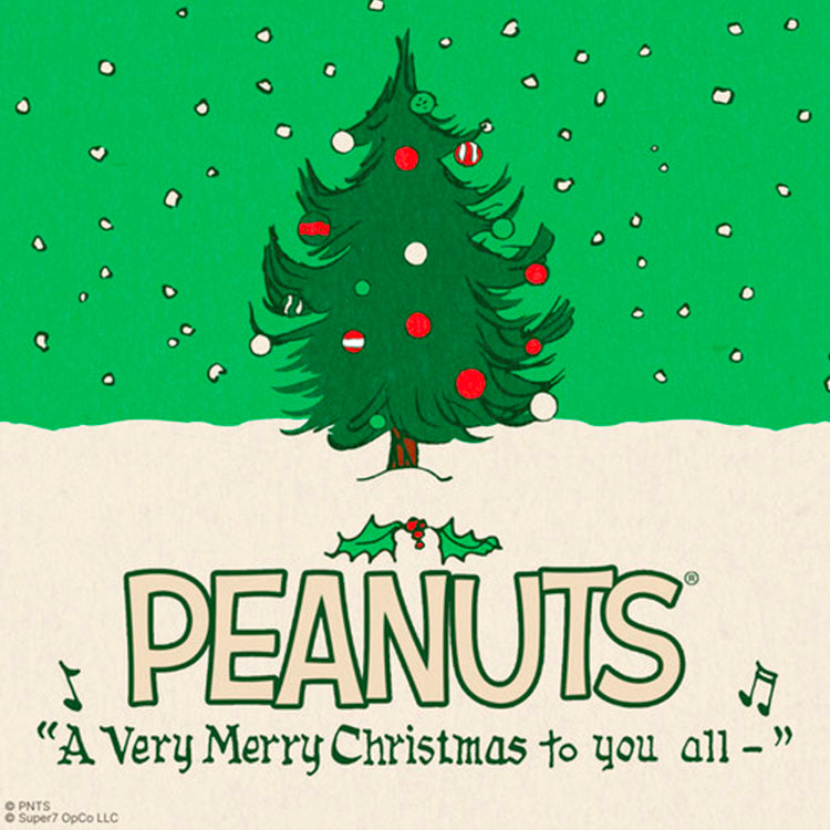 Super7 Peanuts Christmas tree with snowflakes and festive message from A Charlie Brown Christmas special.