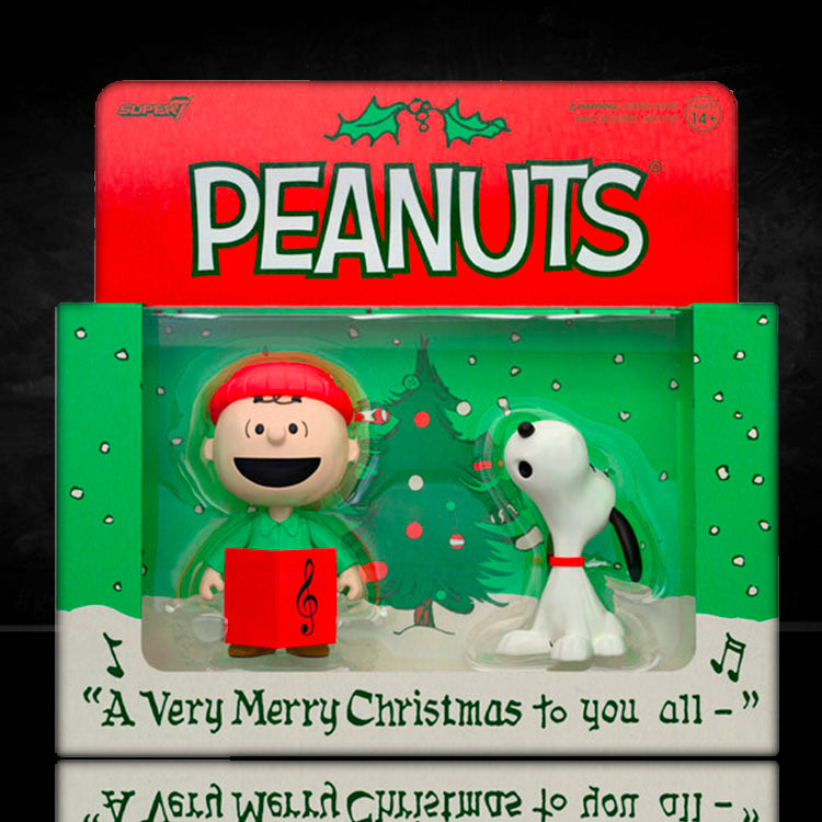 Super7 Peanuts 3.75 inch Charlie Brown with caroling book and Snoopy singing figures in holiday display box