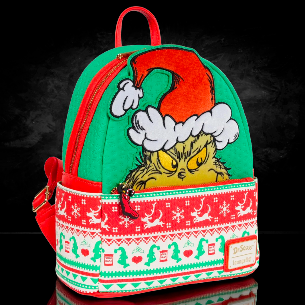 Loungefly Grinch mini-backpack with holiday sweater pattern and Grinch wearing Santa hat design