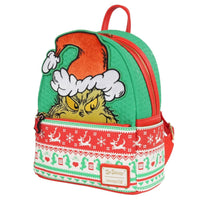Loungefly mini-backpack with Grinch wearing Santa hat and festive red, green holiday sweater pattern