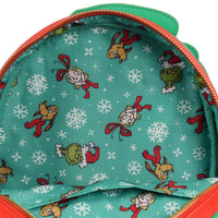Interior lining of Loungefly Grinch mini-backpack featuring Grinch, Max, Cindy Lou Who, and white snowflake pattern