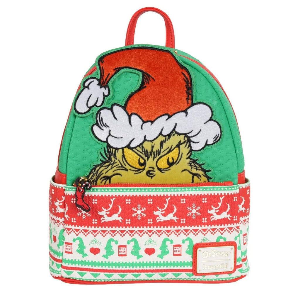 Loungefly mini-backpack featuring the Grinch wearing a Santa hat with festive red and green holiday knit pattern