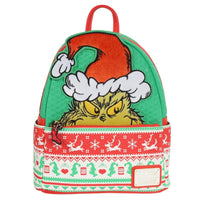 Loungefly mini-backpack featuring the Grinch wearing a Santa hat with festive red and green holiday knit pattern