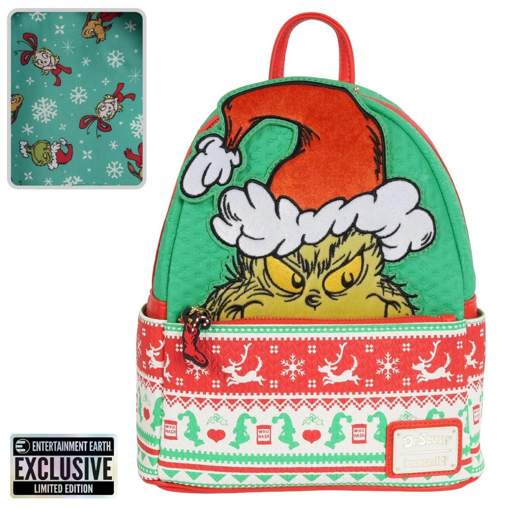 Loungefly Grinch mini-backpack with holiday sweater pattern featuring Grinch in Santa hat and festive winter design