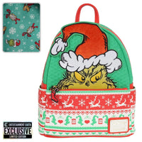 Loungefly Grinch mini-backpack with holiday sweater pattern featuring Grinch in Santa hat and festive winter design