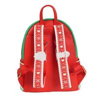 Loungefly mini-backpack back view with red and white patterned straps and green trim in festive holiday colors