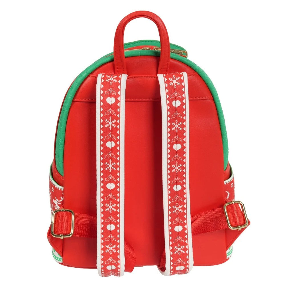 Loungefly mini-backpack back view with red straps featuring white snowflake and heart pattern on green trim