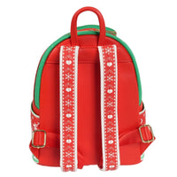Loungefly mini-backpack back view with red straps featuring white snowflake and heart pattern on green trim