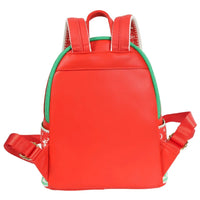 Loungefly mini-backpack back view in bright red with green trim and adjustable red straps for holiday style