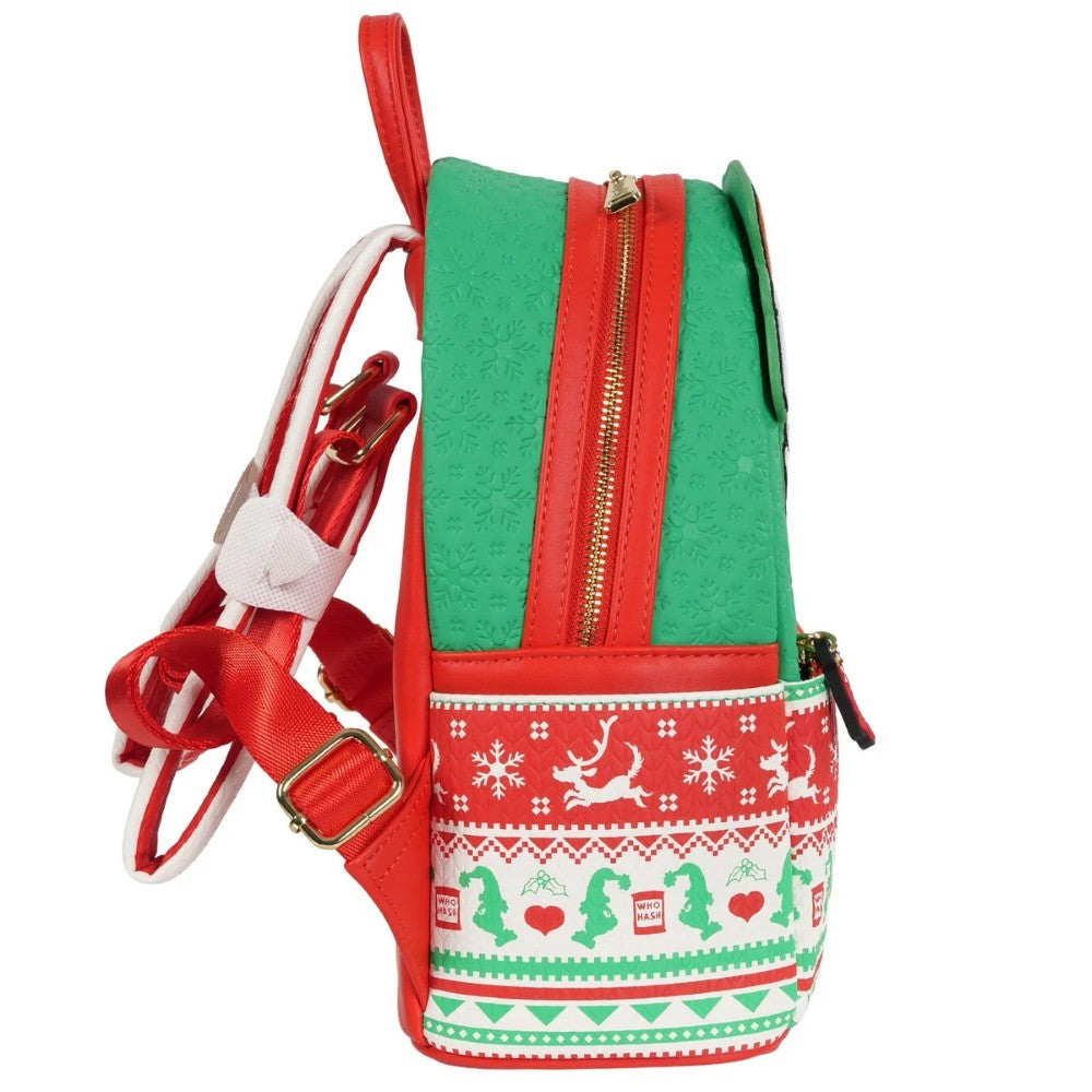 Side view of Loungefly mini-backpack featuring green embossed pattern and red holiday knit design with Grinch motifs