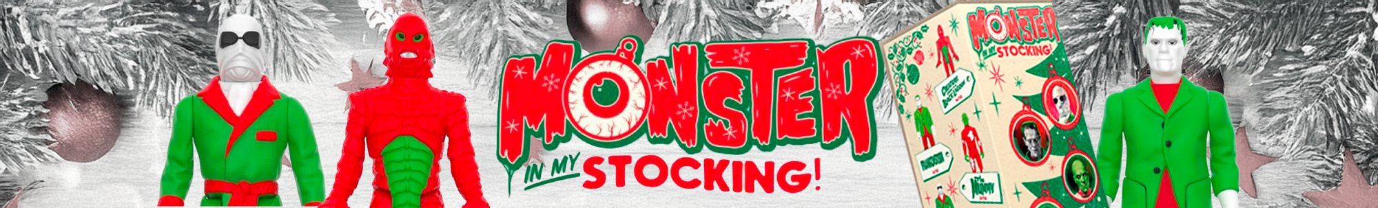 Holiday banner with vintage-style monster figures dressed in green and red standing among silver pine branches and ornaments
