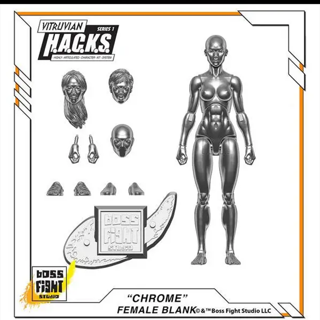 Vitruvian H.A.C.K.S. Character Blanks Chrome Female 1:18 Scale Action Figure by Boss Fight Studio Llc with interchangeable parts.