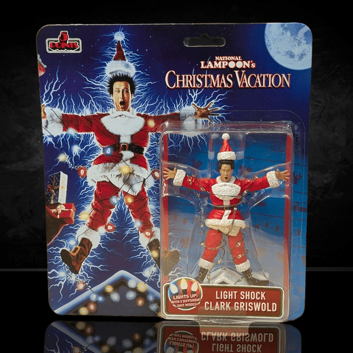 Super7 National Lampoon’s Christmas Vacation Light-Shock Clark Griswold action figure with light-up feature in holiday outfit packaging