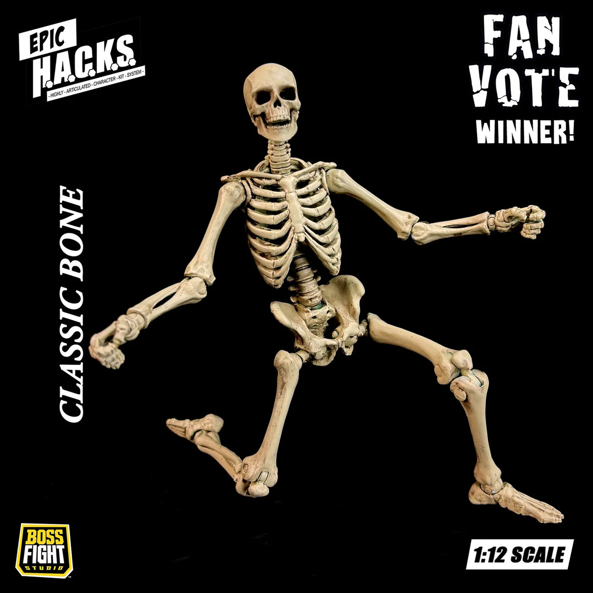 Skeleton Blank Classic Bone 6" Boss Fight Studio Figure Epic HACKS Articulated posed skeleton on black background 1:12 scale