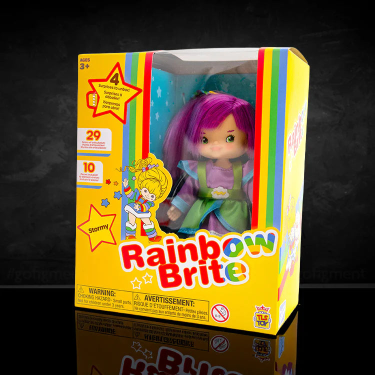 Classic Rainbow Brite 9 inch Stormy doll in colorful box by The Loyal Subjects gift bundle packaging