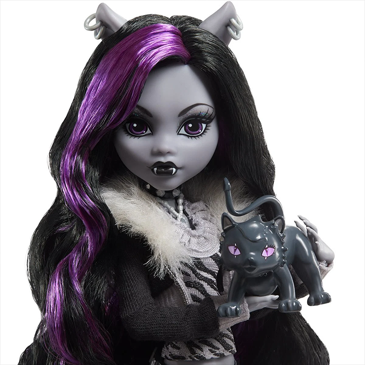 Mattel Monster High Reel Drama Clawdeen Wolf doll with black and purple hair holding her pet cat Crescent