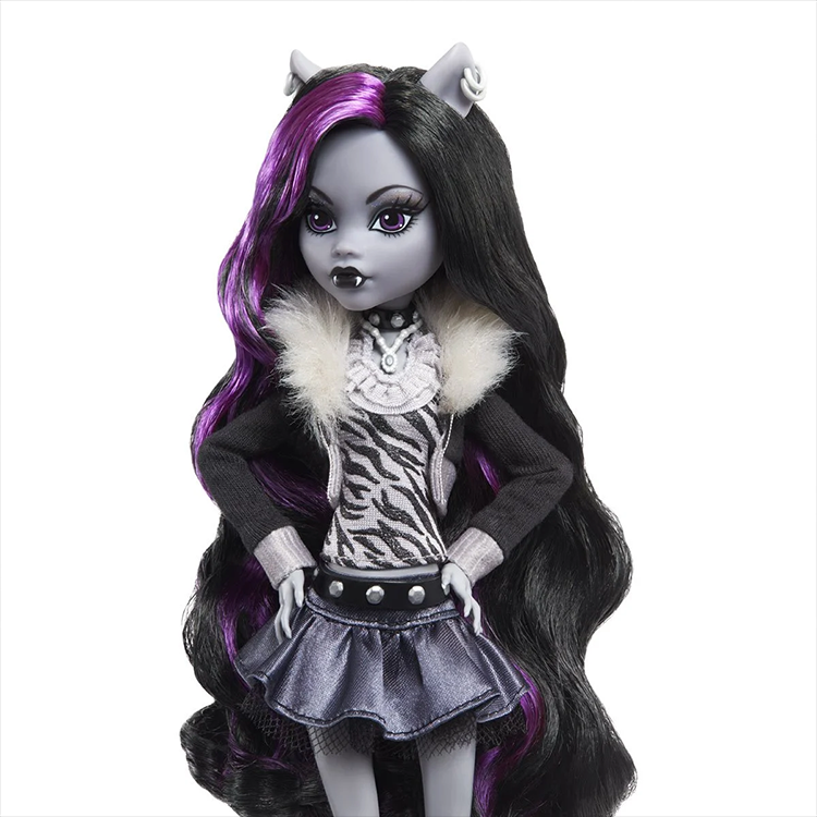 Mattel Monster High Reel Drama Clawdeen Wolf doll with black and purple hair and vintage-inspired outfit