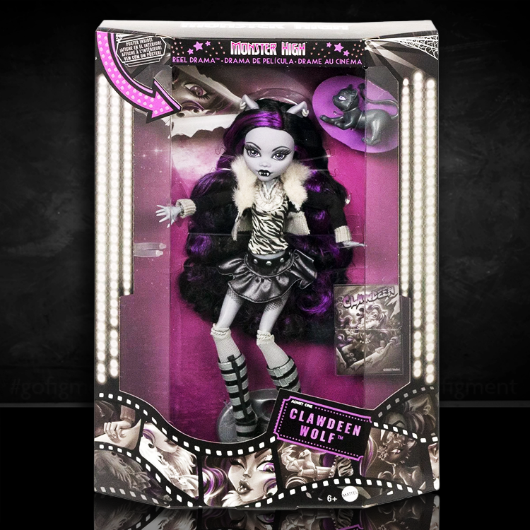 Monster High Reel Drama Clawdeen Wolf doll by Mattel in black and white vintage style with pet cat Crescent and movie posters