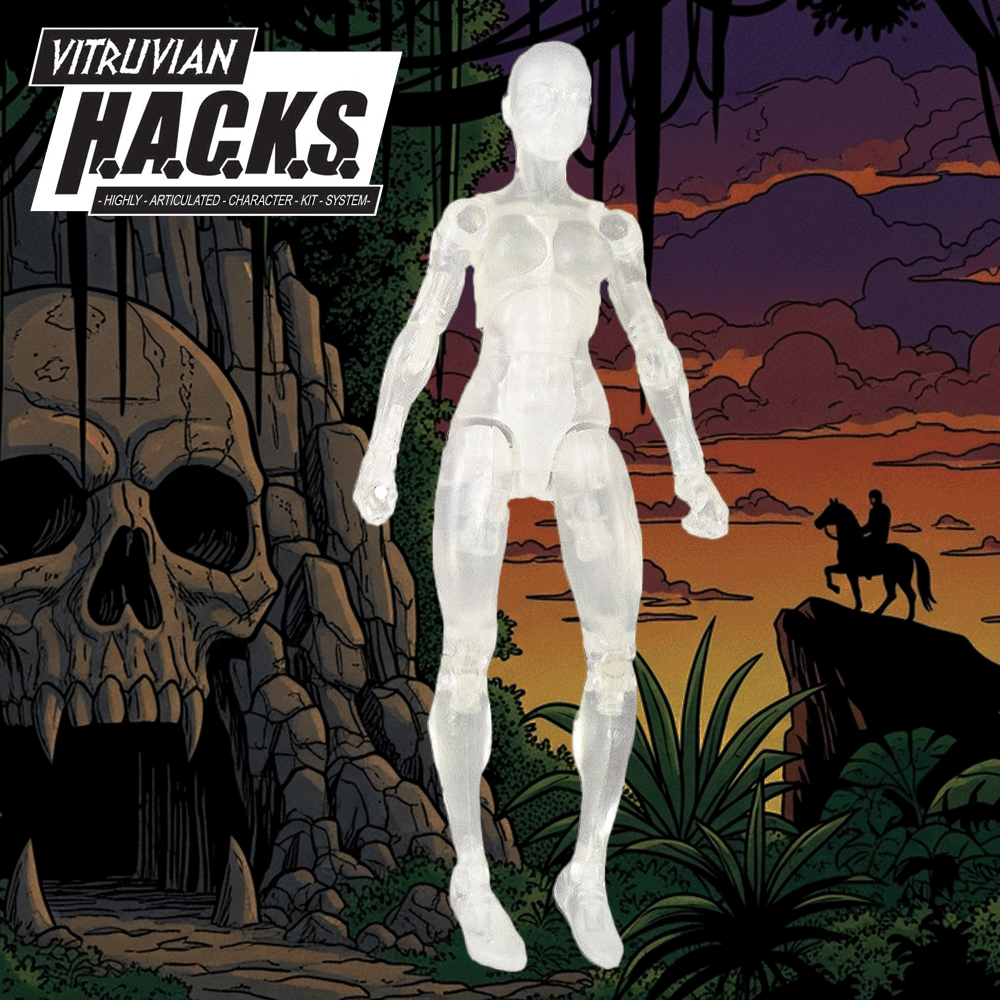 Boss Fight Studio Llc crystal clear female blank Vitruvian H.A.C.K.S. 1:18 scale action figure on illustrated background