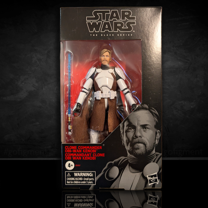 Hasbro Star Wars Black Series Clone Commander Obi-Wan Kenobi action figure in detailed armor with blue lightsaber